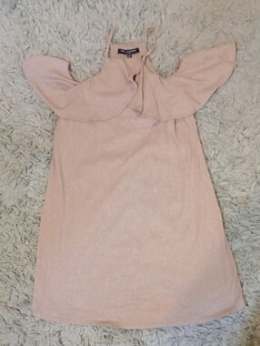 Ruffle Cold-Shoulder Mini Dress in Beige